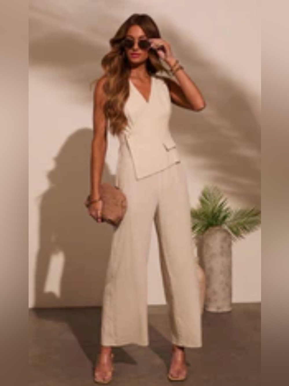 Vici Gentle Getaway Vested Linen Jumpsuit in Oatmeal